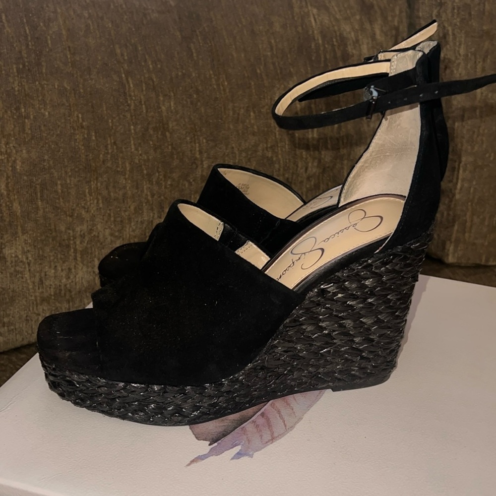 Jessica Simpson Shells Black Suede Wedge Espadrille Sandals - 8.5